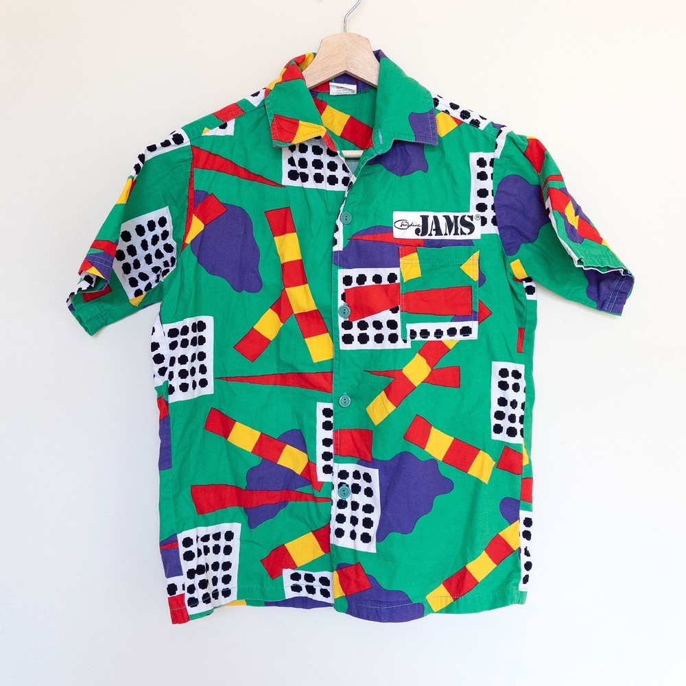 Vintage Jams World Surf Line Button Down Green Geometric Abstract 90s Kids XL